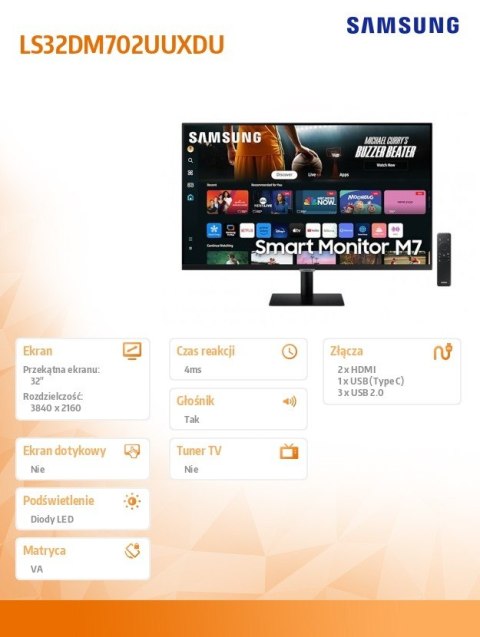 Monitor 32 cale SMART M70D VA 3840x2160 UHD 16:9 2xHDMI 3xUSB 2.0 1xUSB-C (65W) 4ms 60Hz WiFi/BT głośniki płaski 2Yd2d Monitor 32 cale SMART M70D VA 3840x2160 UHD 16:9 2xHDMI 3xUSB 2.0 1xUSB-C (65W) 4ms 60Hz WiFi/BT głośniki płaski 2Yd2d