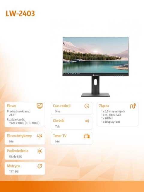 Monitor 23.8 cala LH-2403 IPS HDMI DP GŁOŚNIK VGA 100Hz