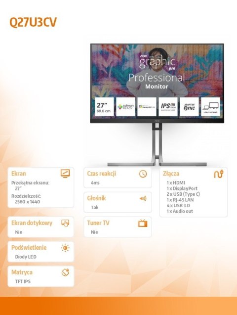 Monitor Q27U3CV 27 cali IPS QD HDMI DP USB-C RJ45 KVM Monitor Q27U3CV 27 cali IPS QD HDMI DP USB-C RJ45 KVM
