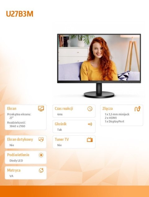Monitor U27B3M 27 cali VA 4K HDMIx2 DP Głośniki Monitor U27B3M 27 cali VA 4K HDMIx2 DP Głośniki