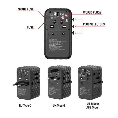 Adapter podróżny UTA-06 32121 ładowarka GaN PD 100W, QC 4+, 2x USB-C, 2x USB-A, 180 krajów Adapter podróżny UTA-06 32121 ładowarka GaN PD 100W, QC 4+, 2x USB-C, 2x USB-A, 180 krajów