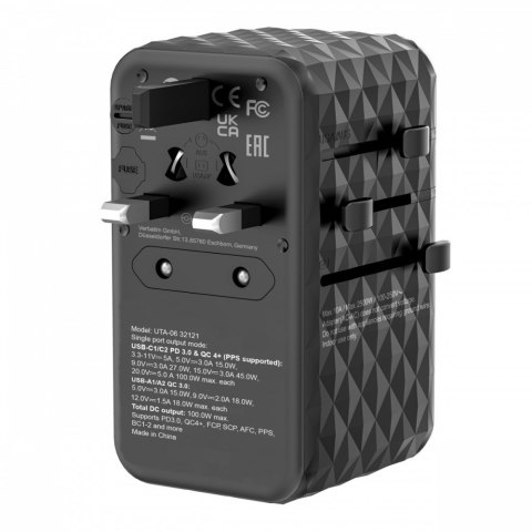Adapter podróżny UTA-06 32121 ładowarka GaN PD 100W, QC 4+, 2x USB-C, 2x USB-A, 180 krajów Adapter podróżny UTA-06 32121 ładowarka GaN PD 100W, QC 4+, 2x USB-C, 2x USB-A, 180 krajów