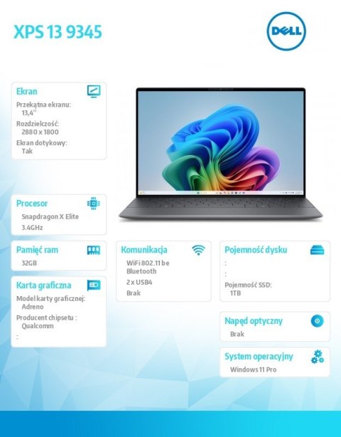 Laptop XPS 13 9345 Win11Pro XELITE12C/32GB/1TB/13.4 OLED Touch/UMA GPU/FgrPr/FHD/IR Cam/Mic/WLAN + BT/Backlit Kb/3 Cell/3Y Basic