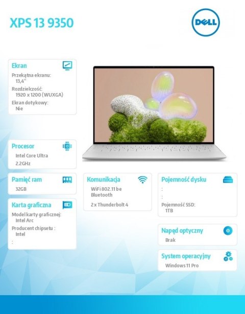 Laptop XPS 13 9350 Win11Pro Ultra 7 258V/32GB/1TB/13.4 FHD+ AntiGlare/Arc/FgrPr/FHD/IR Cam/Mic/WLAN + BT/Backlit Kb/3 Cell/3Y Pr