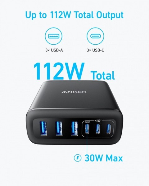 Ładowarka GaN 112W 3xUSB-A 3xUSB-C czarna Ładowarka GaN 112W 3xUSB-A 3xUSB-C czarna