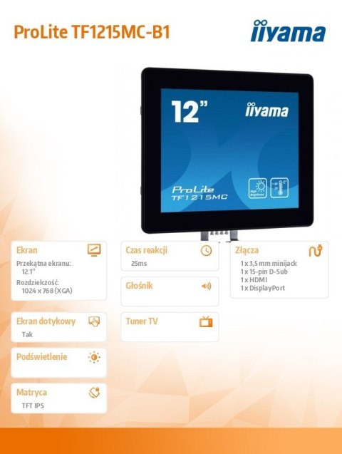 Monitor TF1215MC-B1 12cali IPS, HDMI, DP, VGA, IP65, poj.10pkt, 450cd/m2 Monitor TF1215MC-B1 12cali IPS, HDMI, DP, VGA, IP65, poj.10pkt, 450cd/m2