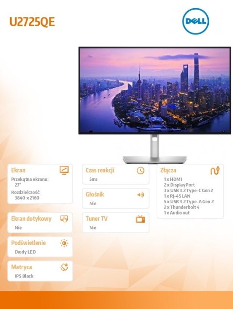 Monitor U2725QE 27 cali IPS Black LED 4K(3840x2160)/16:9/Thunderbolt/HDMI/DP/USB-C/USB/RJ-45/3Y