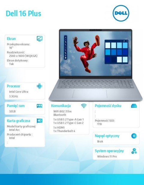 Laptop Dell 16 Plus DB16250 Win11Pro Ultra 9 288V/32GB/1TB/16.0 2.5K/Arc/FgrPr/WLAN + BT/Backlit Kb/4 Cell/3Y ProSupport