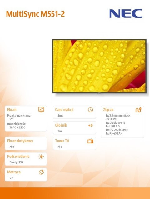 Monitor wielkoformatowy MultiSync M551-2 55 cali UHD 500cd/m2 24/7 Monitor wielkoformatowy MultiSync M551-2 55 cali UHD 500cd/m2 24/7