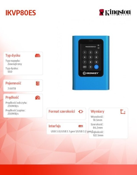 Zewnętrzny dysk SSD IKVP80ES 7680GB USB3.2 Gen1 Szyfrowany Zewnętrzny dysk SSD IKVP80ES 7680GB USB3.2 Gen1 Szyfrowany