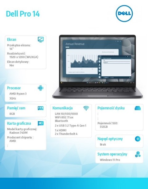 Laptop Dell Pro 14 PC14255/AMD Ryzen 3 210/8GB/512GB SSD/14.0 FHD+/AMD Radeon 740M/FgrPr/Cam & Mic/WLAN + BT/Backlit Kb/3 Cell/W