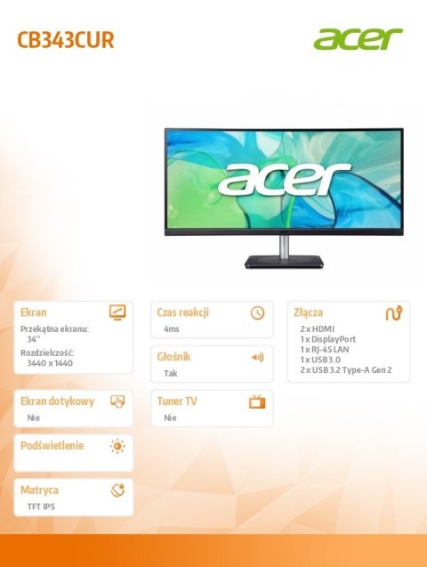 Monitor 34 cale CB343CURBEMIIP HUZX WQHD/IPS/21:9 Monitor 34 cale CB343CURBEMIIP HUZX WQHD/IPS/21:9