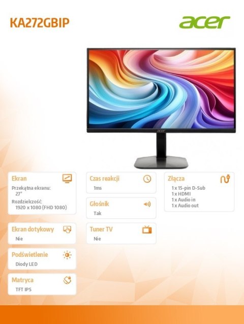 Monitor 27 cali KA272GBIP FHD IPS HDMI DP 120Hz Monitor 27 cali KA272GBIP FHD IPS HDMI DP 120Hz