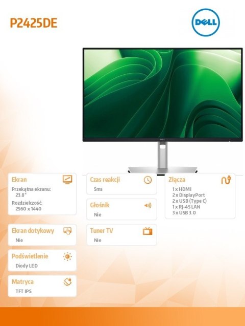 Monitor 23.8 cala P2425DE IPS LED QHD (2560x1440)/16:9/HDMI/2xDP/2xUSB-C/3xUSB/3Y AES&PPG