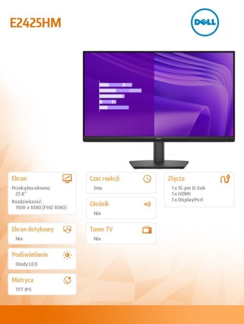 Monitor E2425HM 23.8 cala VA LED Full HD (1920x1080)/16:9/DP/HDMI/VGA/5Y