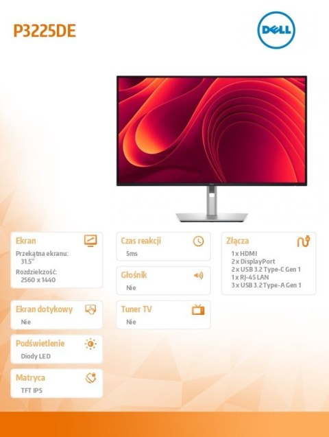 Monitor P3225DE 31.5 cala IPS LED QHD (2560x1440)/16:9/HDMI/DP/USB-C/3xUSB 3.2/RJ45/3Y AES
