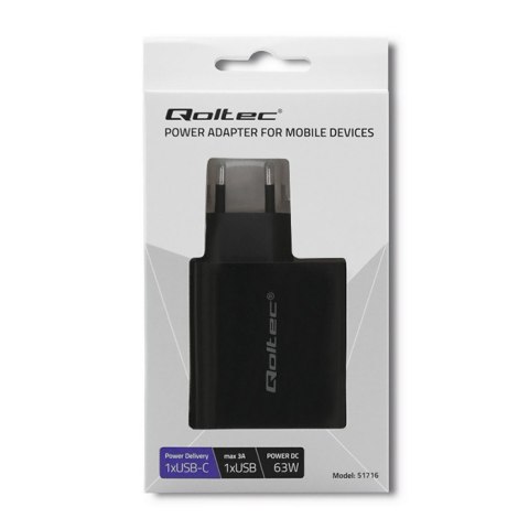 Ładowarka sieciowa | 63W | 5-20V | 1.5-3A | USB typ C PD | USB QC 3.0 | Czarna Ładowarka sieciowa | 63W | 5-20V | 1.5-3A | USB typ C PD | USB QC 3.0 | Czarna