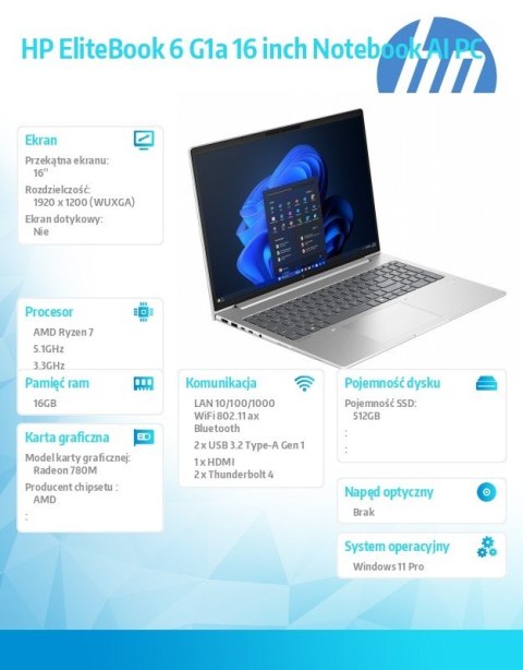 Notebook EliteBook 6 G1a R7-250 512GB/16GB/W11P/16.0 C51N5ET Notebook EliteBook 6 G1a R7-250 512GB/16GB/W11P/16.0 C51N5ET
