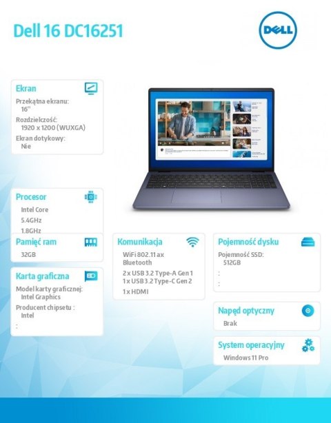 Laptop Dell 16 DC16251 W11P C7-150U/32GB/1TB/16.0 FHD+/Int/FgrPr/WLAN + BT/Backlit Kb/4 Cell/3YPS Midnight Blue