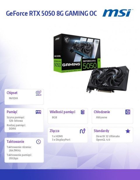 Karta graficzna RTX 5050 8G GAMING OC GDDR6 128BIT DP/HDMI Karta graficzna RTX 5050 8G GAMING OC GDDR6 128BIT DP/HDMI
