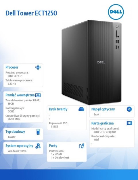 Komputer Dell Tower ECT1250 Win11Pro i7-14700/16GB/512GB SSD/UHD 770/WLAN + BT/Wireless Kb & Mouse/3YPS