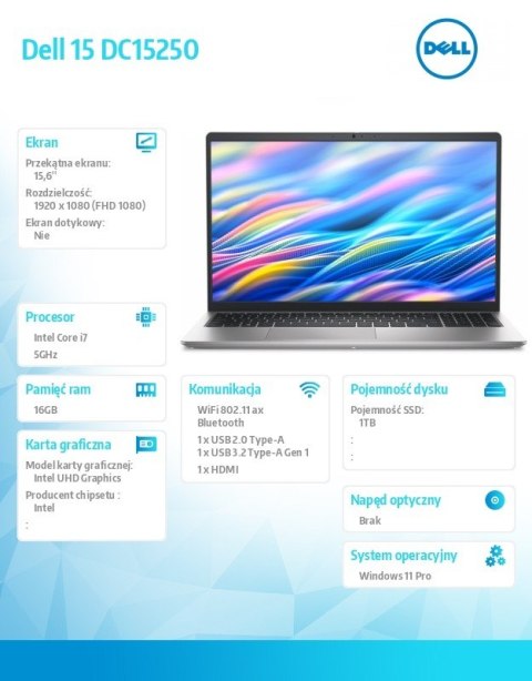 Laptop Dell 15 DC15250 W11P i7-1355U/16GB/1TB SSD/UHD/FgrPr/WLAN + BT/15.6 FHD/Backlit Kb/4 Cell/65W/3YPS Platinum Silver (Alumi