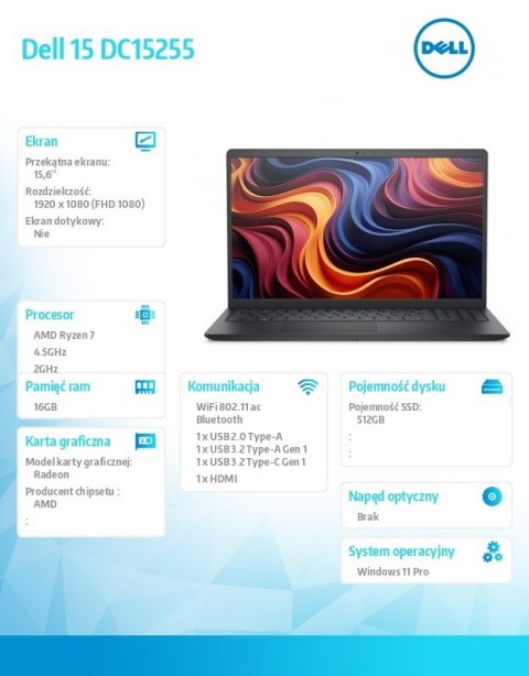 Laptop Dell 15 DC15255 W11P R7-7730U/16GB/1TB SSD/AMD Radeon/WLAN+ BT/15.6 FHD/Backlit Kb/3 Cell/65W/3YPS Carbon Black (Plastic)
