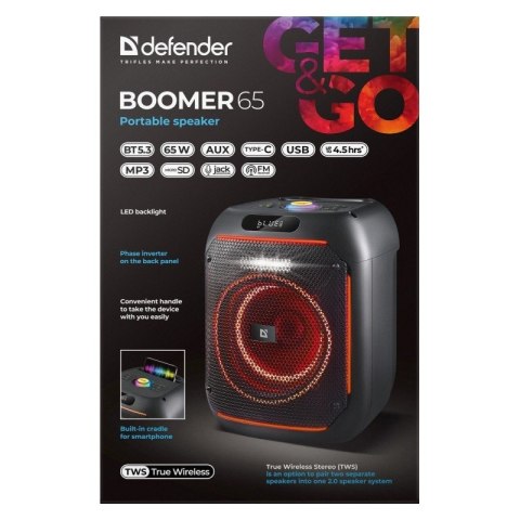 Głośnik bluetooth BOOMER 65W czarny podświetlenie LED Głośnik bluetooth BOOMER 65W czarny podświetlenie LED