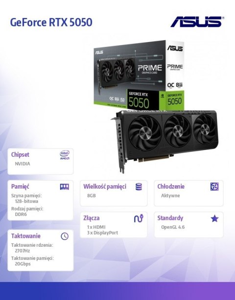Karta graficzna GeForce RTX 5050 PRIME 8G OC GDDR6 128BIT DP/HDMI Karta graficzna GeForce RTX 5050 PRIME 8G OC GDDR6 128BIT DP/HDMI