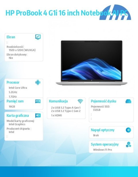 Notebook ProBook 4 G1i U7-255U 512GB/16GB/W11P/16.0 C51MNET Notebook ProBook 4 G1i U7-255U 512GB/16GB/W11P/16.0 C51MNET