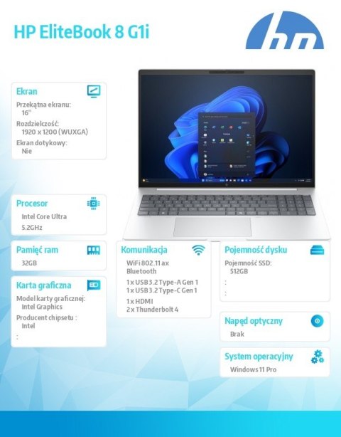 Notebook EliteBook 8 G1i U7-255U 512GB/32GB/W11P/16cali C51LXET Notebook EliteBook 8 G1i U7-255U 512GB/32GB/W11P/16cali C51LXET