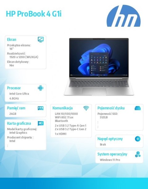 Notebook ProBook 4 G1i U5-225U 512GB/24GB/W11P/16cali C51M1ET Notebook ProBook 4 G1i U5-225U 512GB/24GB/W11P/16cali C51M1ET