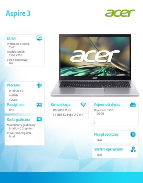 Laptop Aspire 3 A315-59-35WU i3-1215U 15.6 8GB 512GB NoOS Srebrny Laptop Aspire 3 A315-59-35WU i3-1215U 15.6 8GB 512GB NoOS Srebrny
