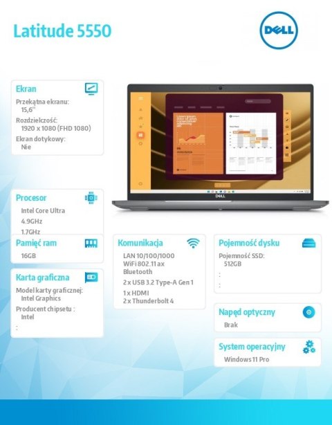 Laptop Latitude 5550 Win11Pro U7 165U/16GB/512GB/15.6 FHD/Integrated/FgrPr/FHD IR Cam/Mic/WLAN + BT/Backlit Kb/3 Cell/vPro/3YPS