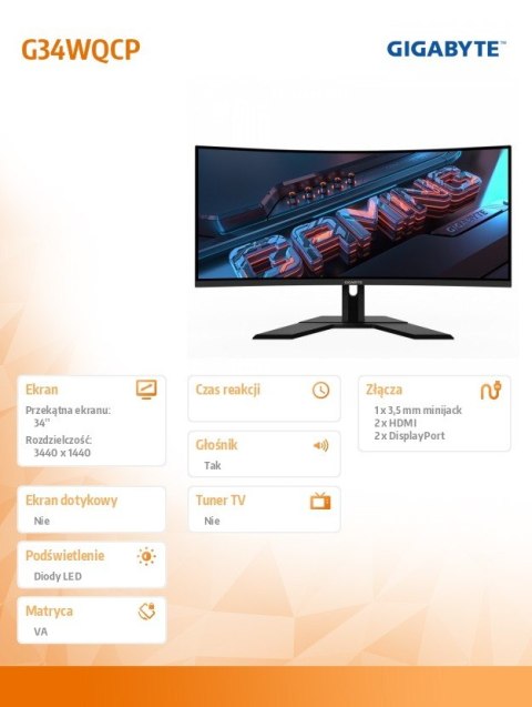 Monitor 34 cale G34WQCP UWQHD VA 1MS 180Hz HDMI Monitor 34 cale G34WQCP UWQHD VA 1MS 180Hz HDMI