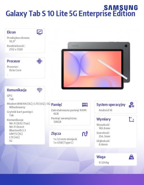 Tablet Galaxy Tab S 10 Lite X400 10.9 cala 5G 6/128GB Enterprise Edition szary Tablet Galaxy Tab S 10 Lite X400 10.9 cala 5G 6/128GB Enterprise Edition szary