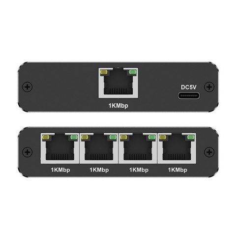 Rozdzielacz splitter Ethernet mini SWITCH 1x4 RJ45 | 1000Mb/s | USB-C | Aluminium Rozdzielacz splitter Ethernet mini SWITCH 1x4 RJ45 | 1000Mb/s | USB-C | Aluminium
