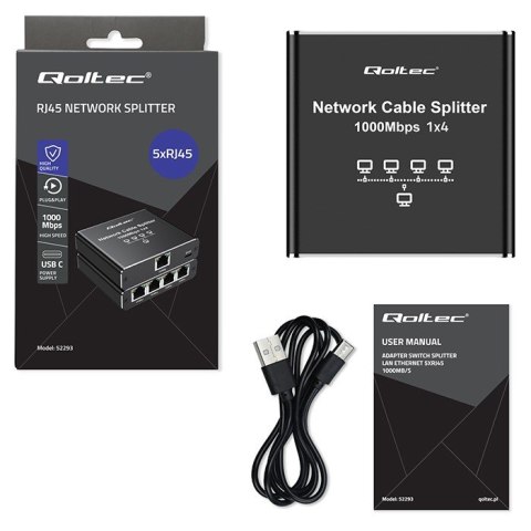 Rozdzielacz splitter Ethernet mini SWITCH 1x4 RJ45 | 1000Mb/s | USB-C | Aluminium Rozdzielacz splitter Ethernet mini SWITCH 1x4 RJ45 | 1000Mb/s | USB-C | Aluminium