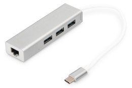 HUB/Koncentrator 3-portowy USB Typ C, 3x USB A HighSpeed z Gigabit LAN adapter, aluminium
