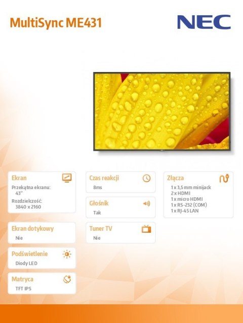 Monitor wielkoformatowy 43 cale MultiSync ME431 UHD 400cd/m2 18/7 Monitor wielkoformatowy 43 cale MultiSync ME431 UHD 400cd/m2 18/7