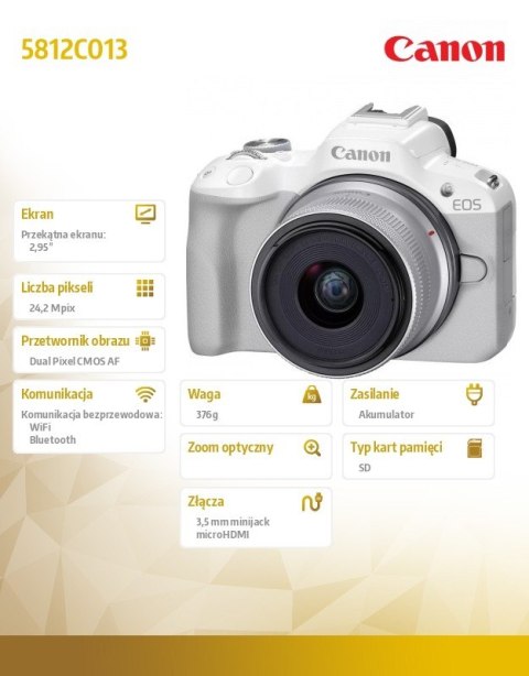Aparat bezlusterkowy EOS R50 biały + RF-S 18-45 IS STM 5812C013 Aparat bezlusterkowy EOS R50 biały + RF-S 18-45 IS STM 5812C013
