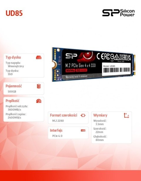 Dysk SSD UD85 500GB PCIe M.2 2280 NVMe Gen 4x4 3600/2400 MB/s Dysk SSD UD85 500GB PCIe M.2 2280 NVMe Gen 4x4 3600/2400 MB/s