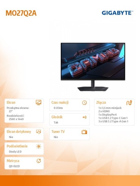 Monitor 27 cali MO27Q2A EK QHD QD-OLED HDMI USB-C Monitor 27 cali MO27Q2A EK QHD QD-OLED HDMI USB-C