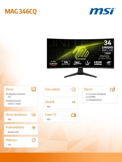 Monitor MAG 346CQ 34 cale/LED/UWQHD/Curved/180Hz/czarny Monitor MAG 346CQ 34 cale/LED/UWQHD/Curved/180Hz/czarny