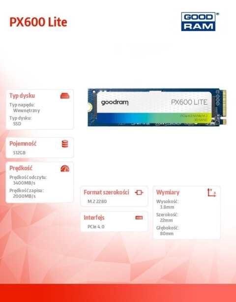 Dysk SSD PX600 Lite 512GB Gen4x4 NVMe 2280 3400/2000MB/s Dysk SSD PX600 Lite 512GB Gen4x4 NVMe 2280 3400/2000MB/s