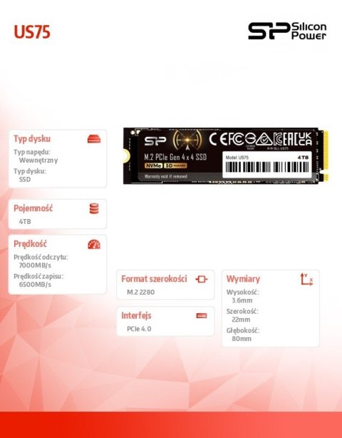 Dysk SSD US75 4TB M.2 PCIe Gen4x4 NVMe 1.4 7000/6500 MB/s