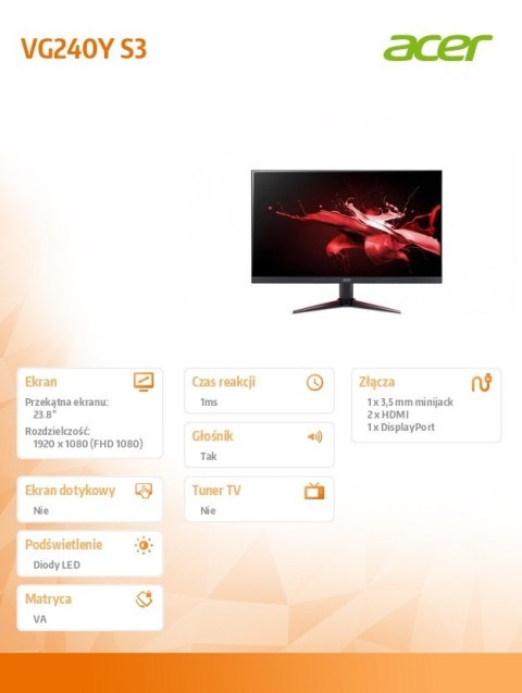 Monitor 24 cale Nitro VG240YS3BMIIPX VA 180Hz VGA HDMIx2 GŁOŚNIK 1MS/250cd/m2/1000:1/100X100 Monitor 24 cale Nitro VG240YS3BMIIPX VA 180Hz VGA HDMIx2 GŁOŚNIK 1MS/250cd/m2/1000:1/100X100