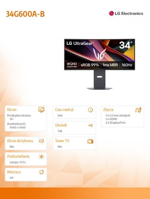 Monitor gamingowy 34G600A-B 34 cale WQHD UltraGear 160Hz Monitor gamingowy 34G600A-B 34 cale WQHD UltraGear 160Hz