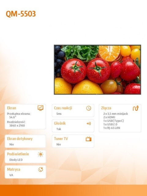 Monitor wielkoformatowy QM-5503 CZARNY 500cd/m2 5000:1 24/7 4K Monitor wielkoformatowy QM-5503 CZARNY 500cd/m2 5000:1 24/7 4K
