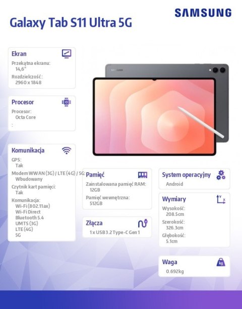 Tablet Galaxy Tab S11 Ultra X936 5G 14.6 cala 12/512GB szary Tablet Galaxy Tab S11 Ultra X936 5G 14.6 cala 12/512GB szary